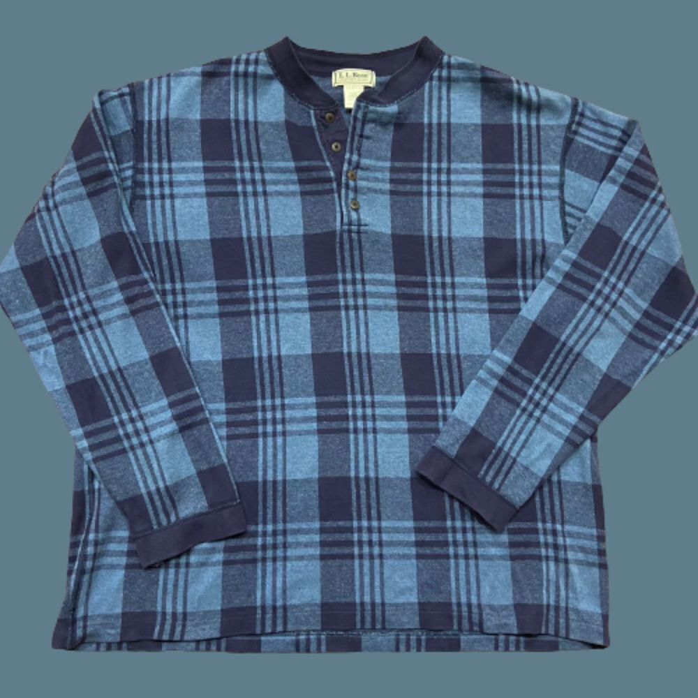 L.L. Bean Vintage Outdoors Blue Navy Plaid Henley Cotton Shirt Men's Extra Large